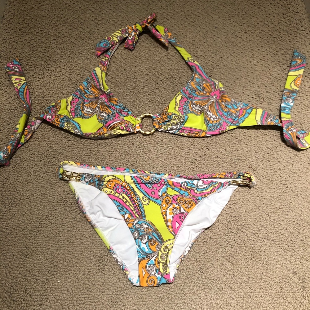 Trina Turk neon butterfly pattern bikini, L